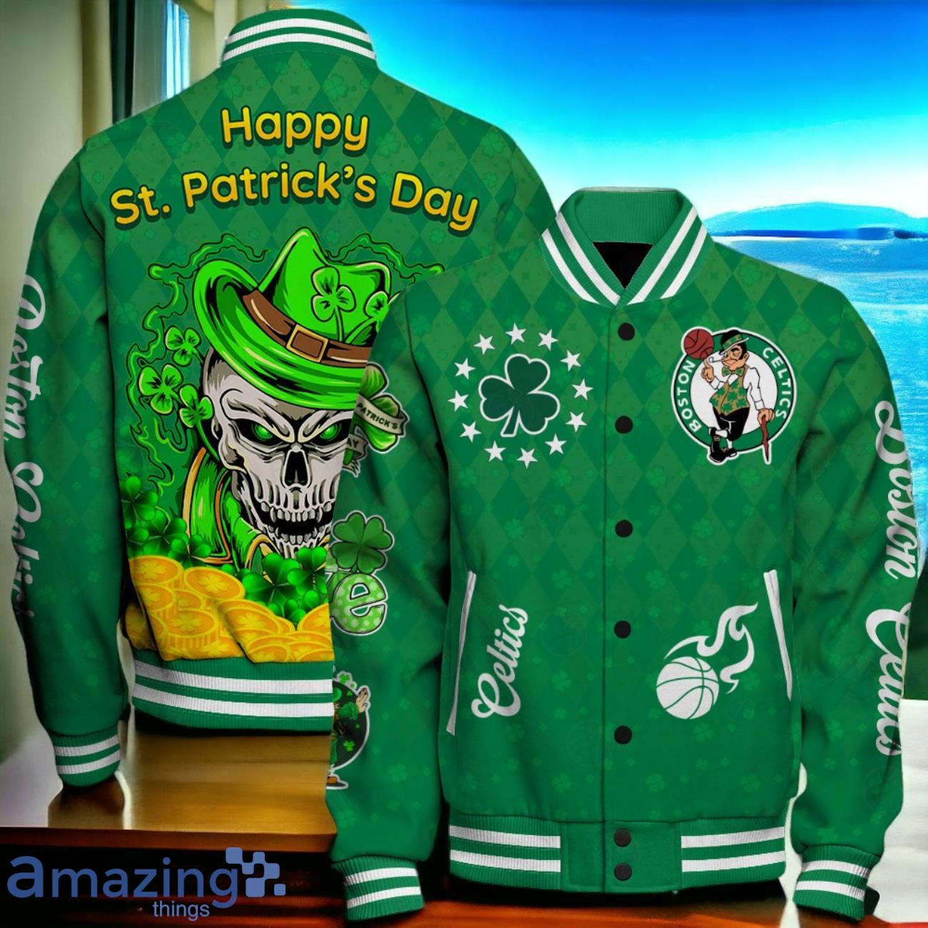 Boston Celtics Happy Saint Patrick's Day Basketball Baseball Jacket Product Photo 1