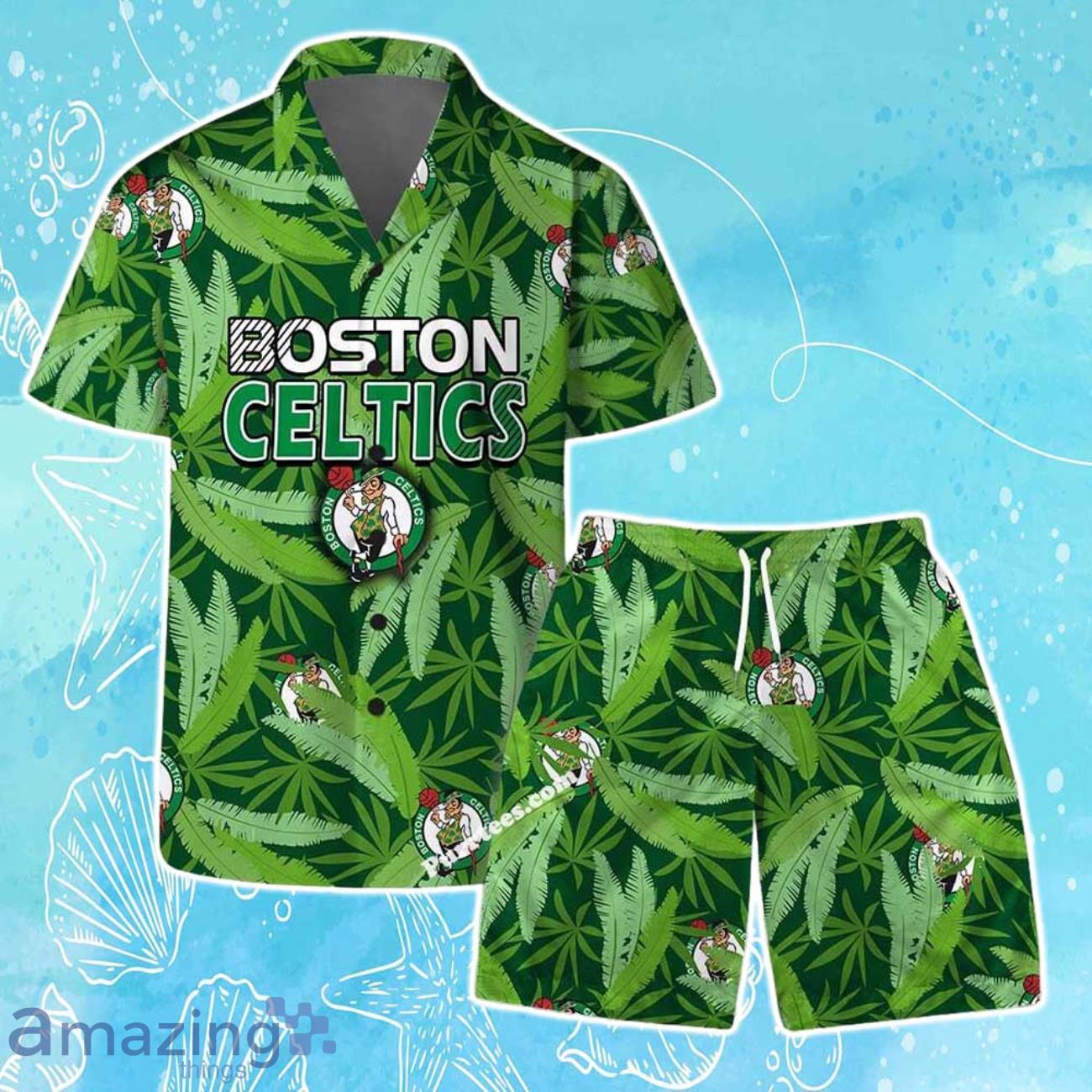 Boston Celtics Team Logo Pattern Leaves Vintage Art Hawaiian Shirt & Short image Boston Celtics Team Logo Pattern Leaves Vintage Art Hawaiian Shirt & Short Product Photo 1