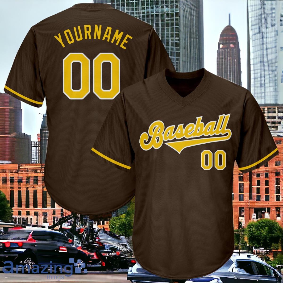 Custom Brown Gold White Authentic Throwback Rib Knit Custom Name & Number Baseball Jersey Shirt Style Gift image Custom Brown Gold-White Authentic Throwback Rib-Knit Custom Name & Number Baseball Jersey Shirt Style Gift Product Photo 1