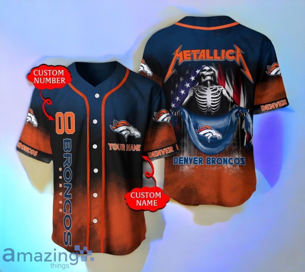 Denver Broncos NFL 3D Custom Name & Number Metallica Jersey Baseball Shirt Style Gift image Denver Broncos NFL 3D Custom Name & Number Metallica Jersey Baseball Shirt Style Gift Product Photo 1