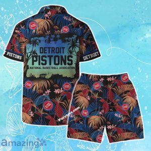 Detroit Pistons Team Logo Pattern Aloha Colorful Hawaiian Shirt & Short Product Photo 2