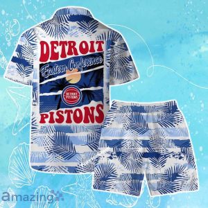 Detroit Pistons Team Logo Pattern Leaves Tropical Hawaiian Shirt & Short Product Photo 2