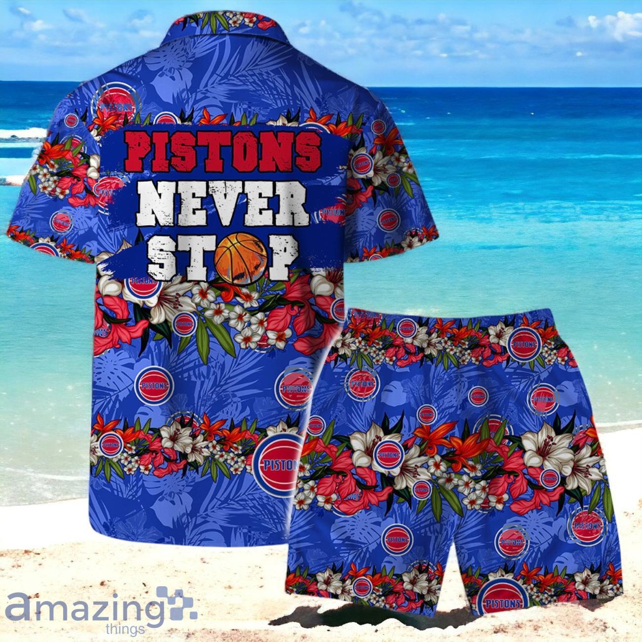 Detroit Pistons Team Logo Pattern Never Stop Hawaiian Shirt And Short image Detroit Pistons Team Logo Pattern Never Stop Hawaiian Shirt And Short Product Photo 2