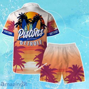 Detroit Pistons Team Logo Pattern Sunset Tropical Hawaiian Shirt & Short Product Photo 2