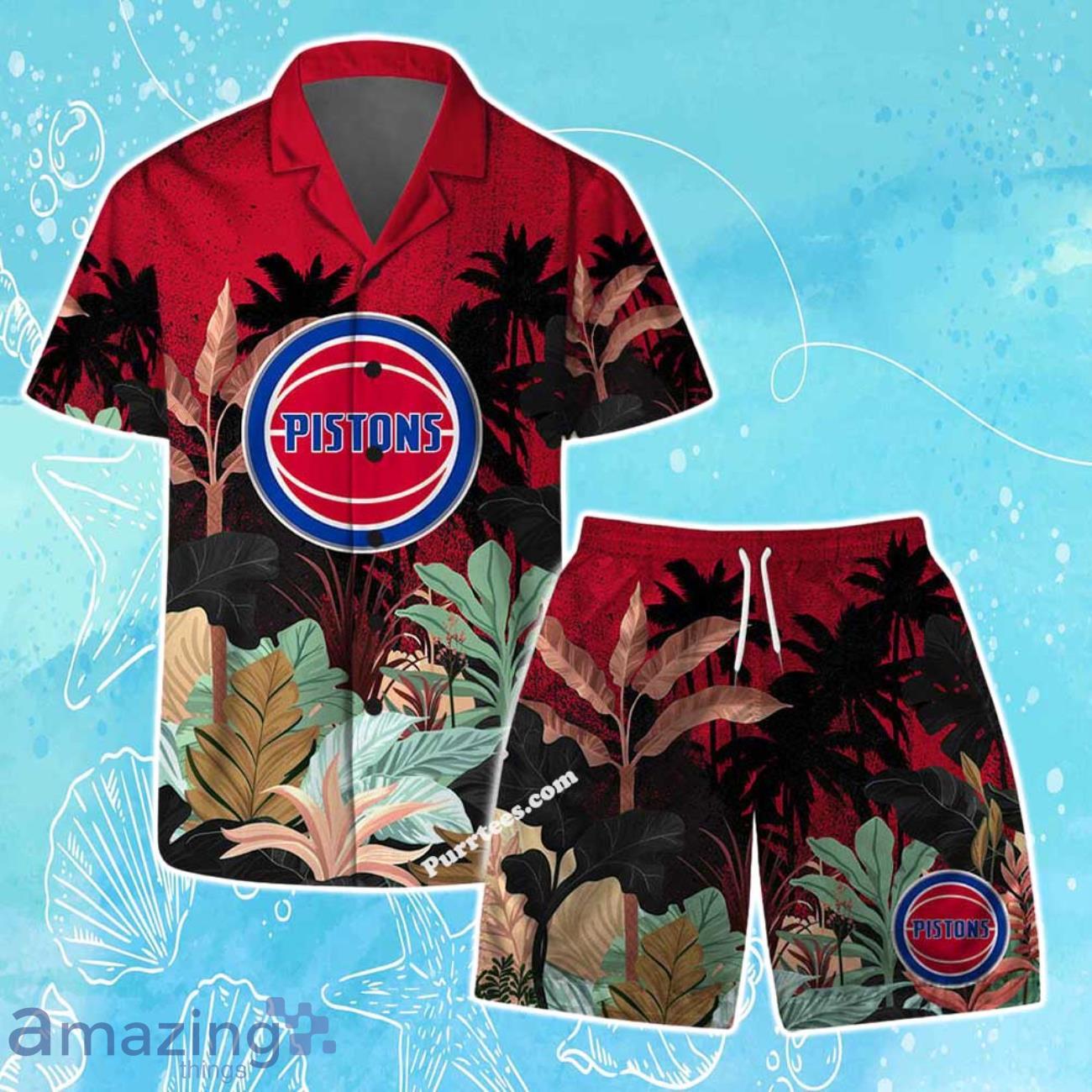 Detroit Pistons Team Logo Pattern Tropical Hawaiian Shirt & Short image Detroit Pistons Team Logo Pattern Tropical Hawaiian Shirt & Short Product Photo 1