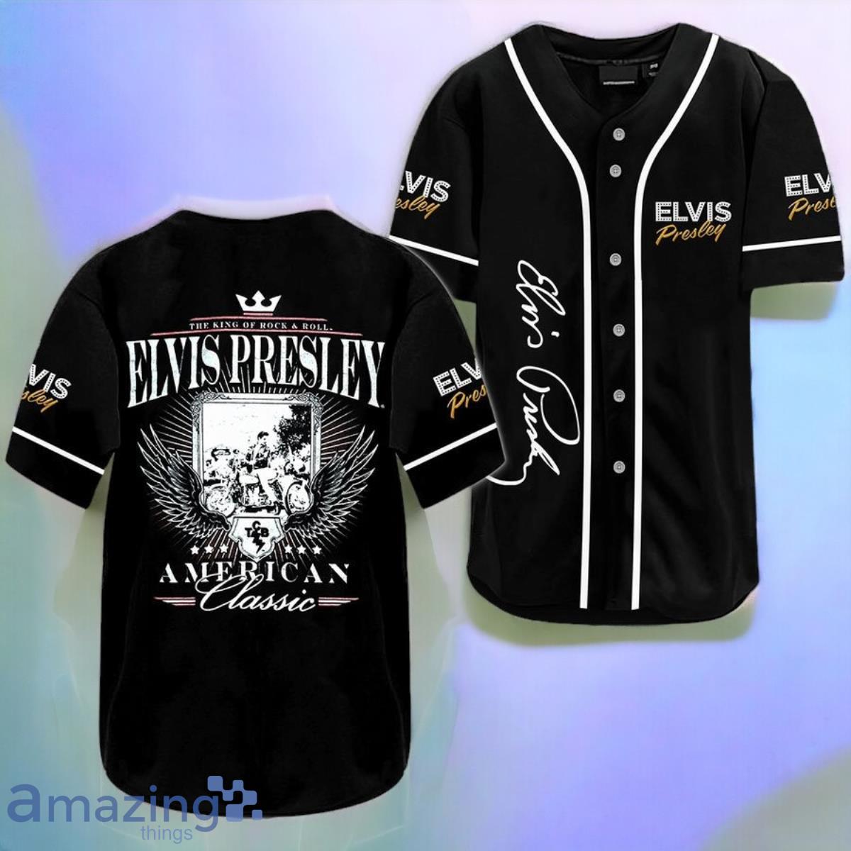 Elvis Presley The King Of Rock N Roll Black Jersey Baseball Shirt Style Gift Shirt image Elvis Presley The King Of Rock N Roll Black Jersey Baseball Shirt Style Gift Shirt Product Photo 1