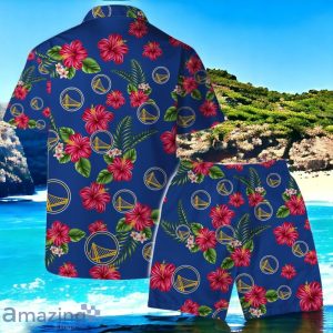 Golden State Warriors Team Logo Hawaiian Shirt And Short Floral Pattern Product Photo 2