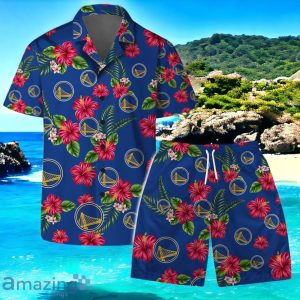 Golden State Warriors Team Logo Hawaiian Shirt And Short Floral Pattern Product Photo 1