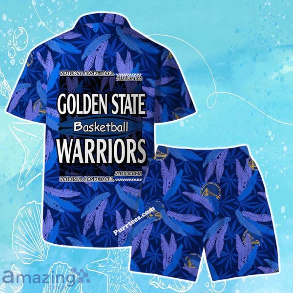 Golden State Warriors Team Logo Pattern Leaves Vintage Art Hawaiian Shirt & Short Product Photo 2
