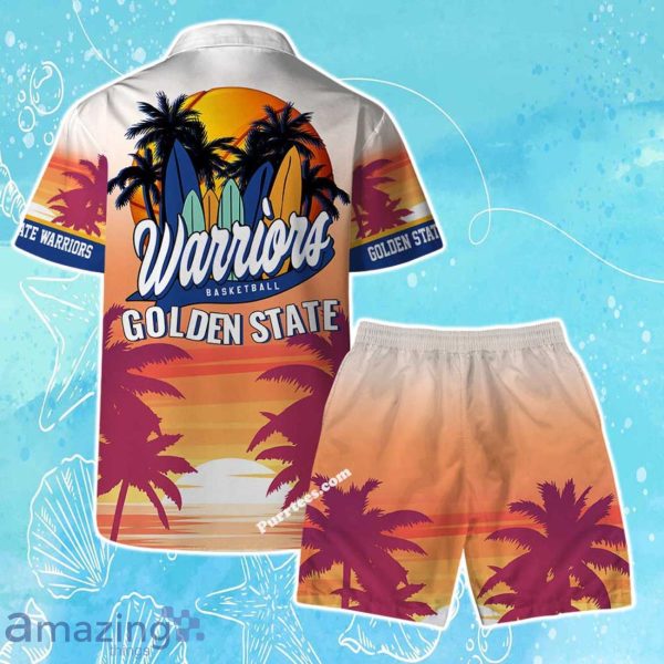 Golden State Warriors Team Logo Pattern Sunset Tropical Hawaiian Shirt & Short Product Photo 2