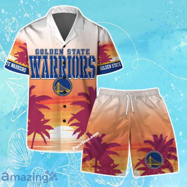 Golden State Warriors Team Logo Pattern Sunset Tropical Hawaiian Shirt & Short Product Photo 1