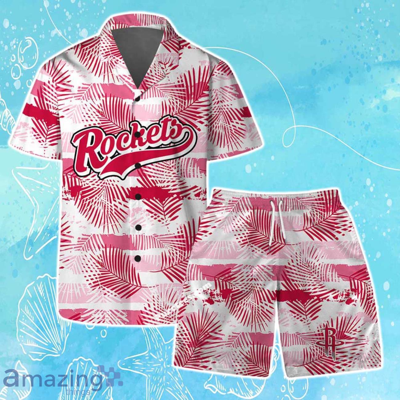 Houston Rockets Team Logo Pattern Leaves Tropical Hawaiian Shirt & Short image Houston Rockets Team Logo Pattern Leaves Tropical Hawaiian Shirt & Short Product Photo 1