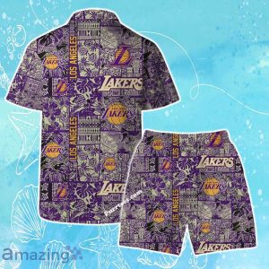Los Angeles Lakers NBA Logo Vintage Floral Pattern Hawaiian Shirt & Short Product Photo 2