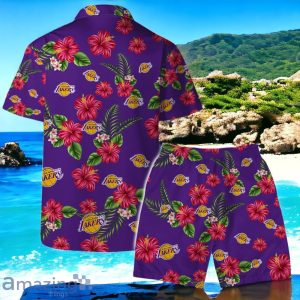 Los Angeles Lakers Team Logo Hawaiian Shirt And Short Floral Pattern Product Photo 2
