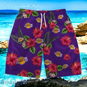 Los Angeles Lakers Team Logo Hawaiian Shirt And Short Floral Pattern Product Photo 3