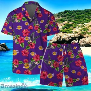 Los Angeles Lakers Team Logo Hawaiian Shirt And Short Floral Pattern Product Photo 1
