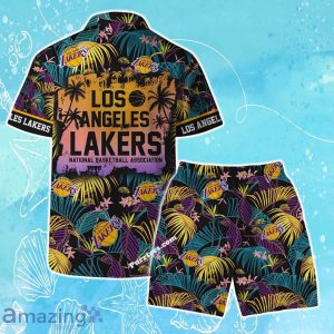 Los Angeles Lakers Team Logo Pattern Aloha Colorful Hawaiian Shirt & Short Product Photo 2