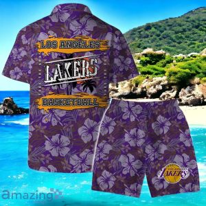 Los Angeles Lakers Team Logo Pattern Retro Hawaiian Shirt And Short Product Photo 2
