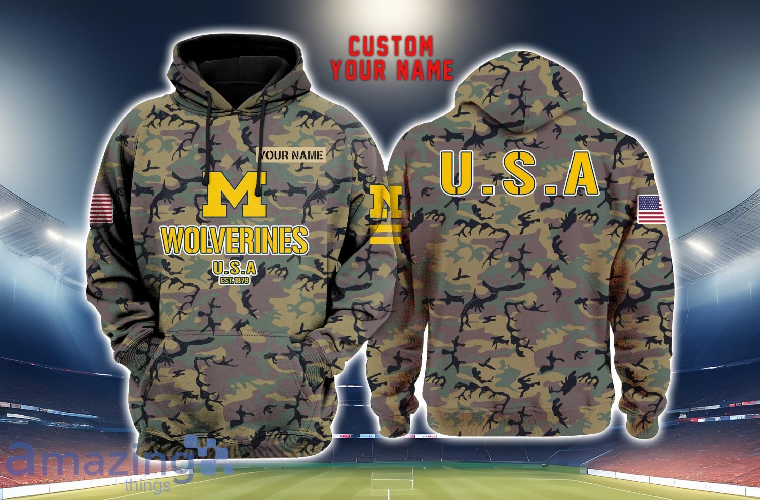Michigan Wolverines 3D Printing Army Camo Pattern Unisex Hoodies Custom Name For Fans image Michigan Wolverines 3D Printing Army Camo Pattern Unisex Hoodies Custom Name For Fans Product Photo 1
