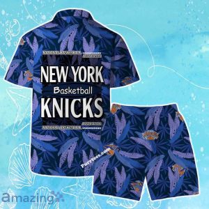New York Knicks Team Logo Pattern Leaves Vintage Art Hawaiian Shirt & Short Product Photo 2