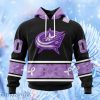 Nhl Columbus Blue Jackets Special Black And Lavender Hockey Fight Cancer Design Personalized Hoodie 3D All Over Print Attract Gift For Men And Women