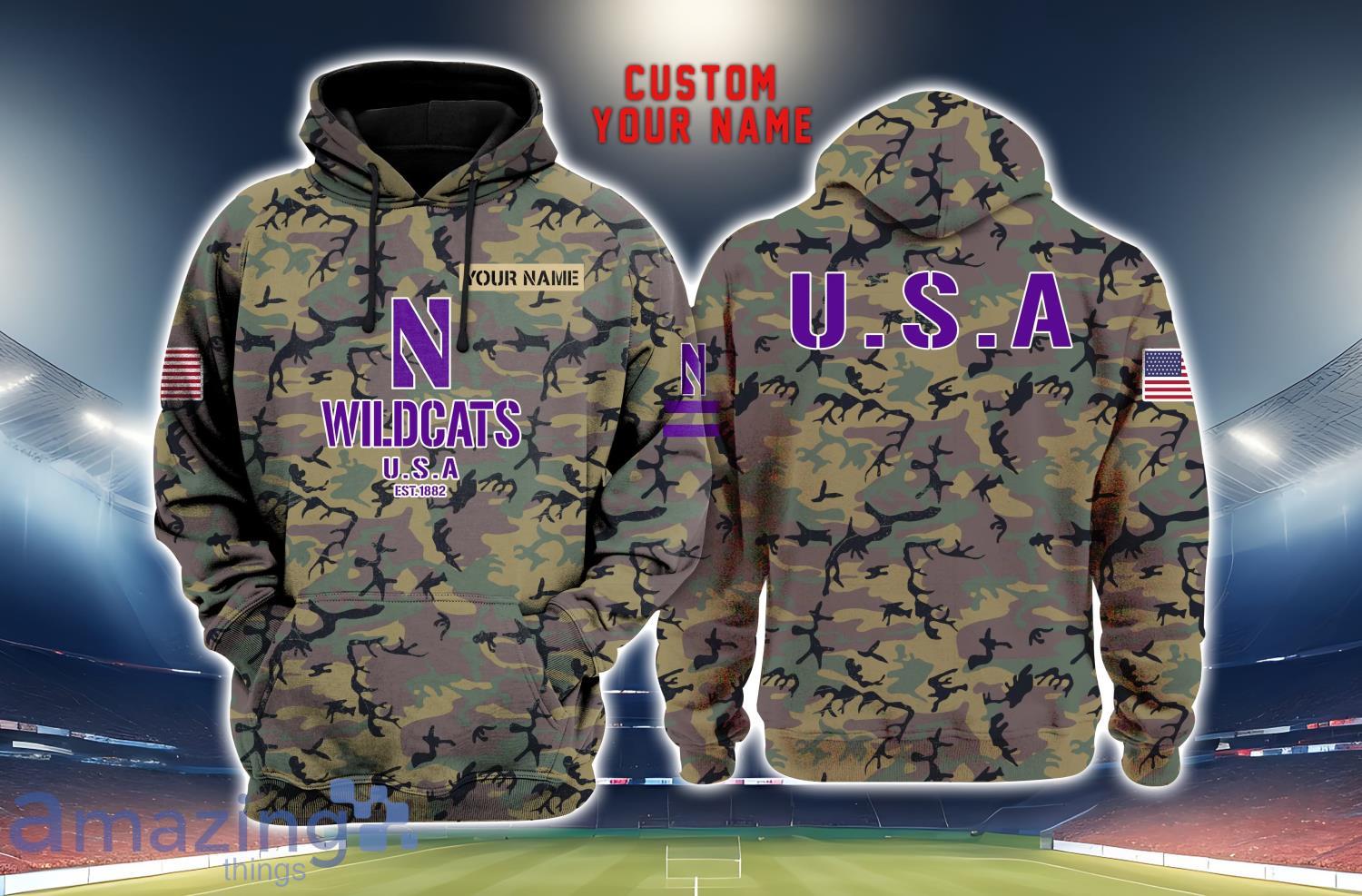 Northwestern Wildcats 3D Printing Army Camo Pattern Unisex Hoodies Custom Name For Fans image Northwestern Wildcats 3D Printing Army Camo Pattern Unisex Hoodies Custom Name For Fans Product Photo 1