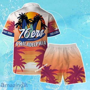 Philadelphia 76ers Team Logo Pattern Sunset Tropical Hawaiian Shirt & Short Product Photo 2