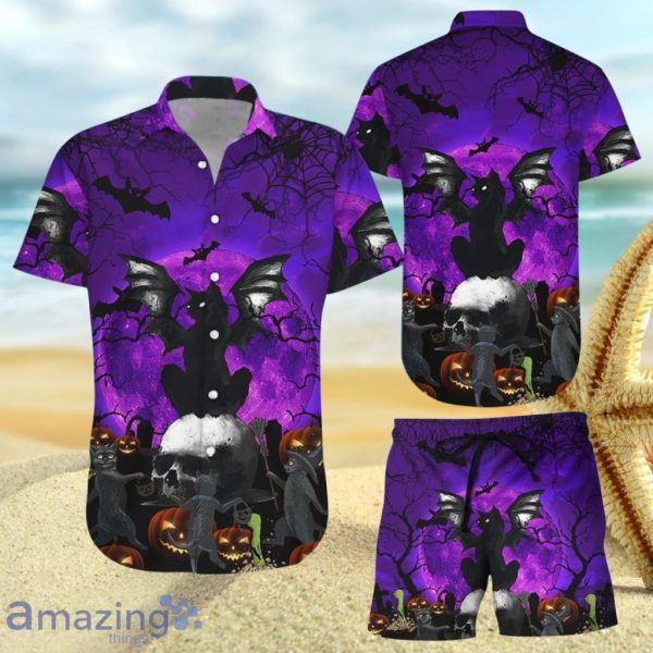 Purple Halloween Shirt - Halloween Scary Cat Hawaii Shirt Product Photo 1