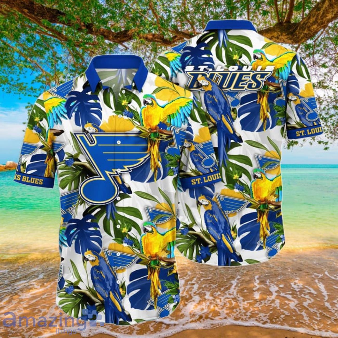 St. Louis Blues NHL Parrot and leaves 3D Hawaiian Shirt For Men And Women image St. Louis Blues NHL Parrot and leaves 3D Hawaiian Shirt For Men And Women Product Photo 1