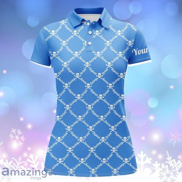 Swing Swear Drink Repeat Golf Skull Custom Name Polo Shirt Women Blue Product Photo 1