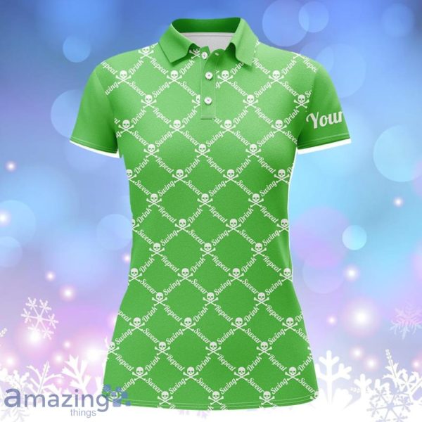 Swing Swear Drink Repeat Golf Skull Custom Name Polo Shirt Women Green Product Photo 1