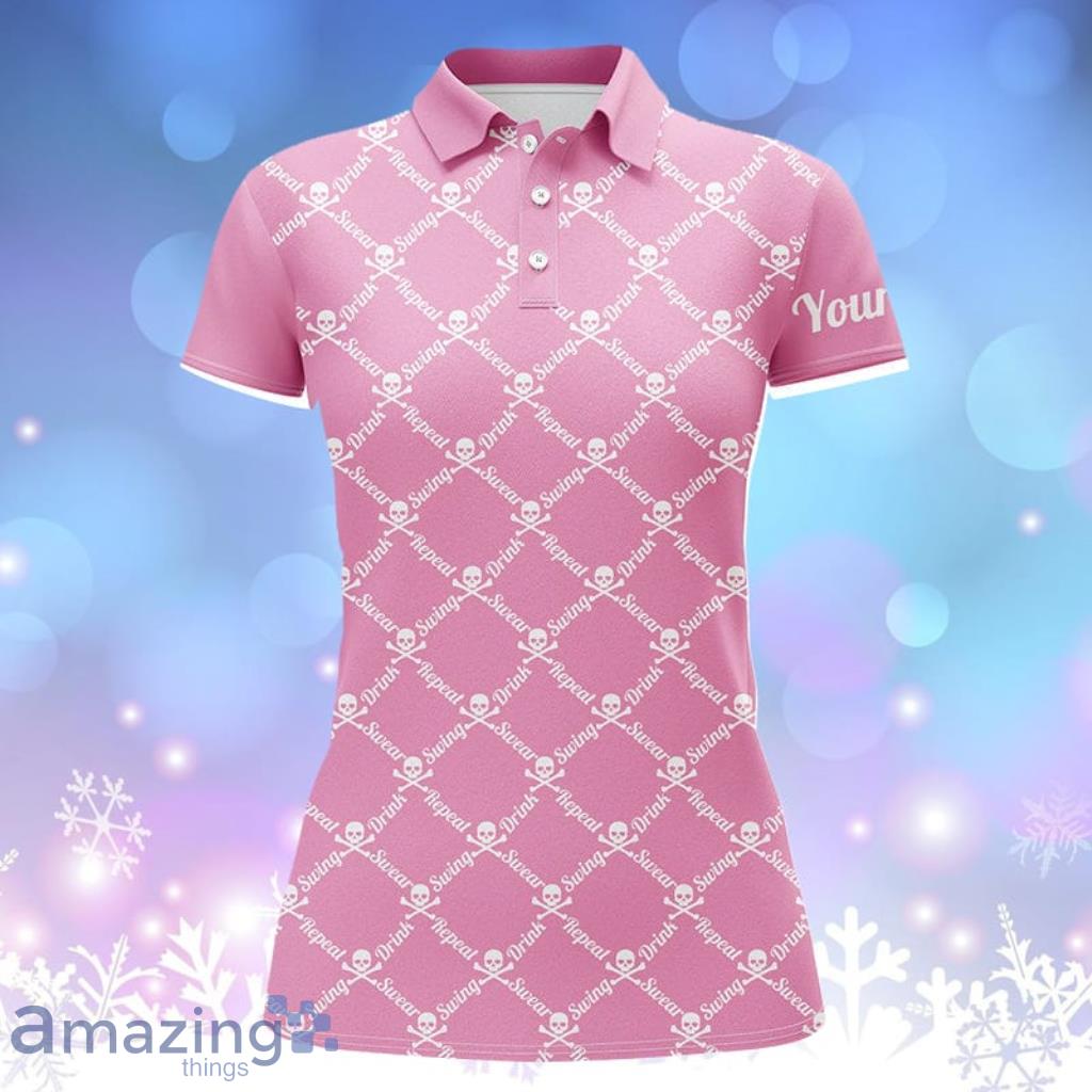 Swing Swear Drink Repeat Golf Skull Custom Name Polo Shirt Women Pink Product Photo 1