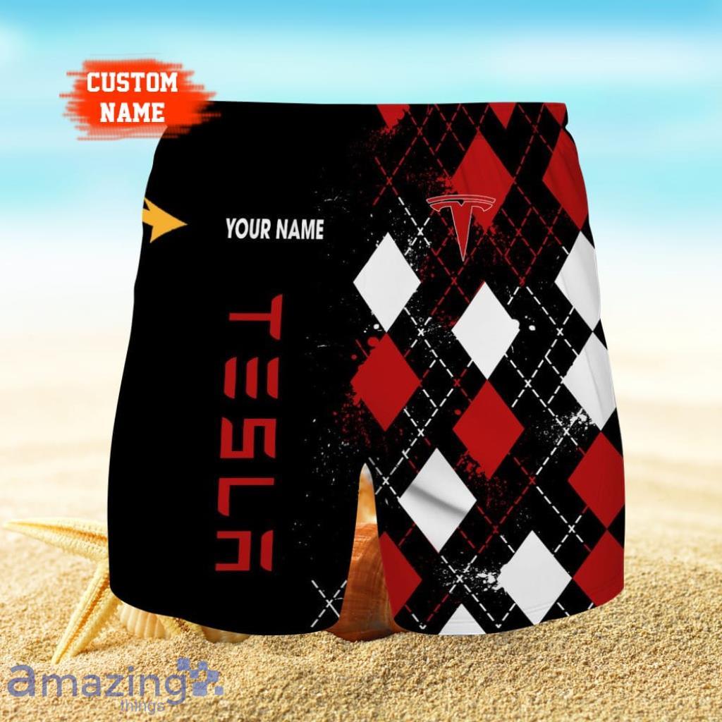 Tesla Logo Print 3D Short Hawaiian Custom Name Trending Summer For Men image Tesla Logo Print 3D Short Hawaiian Custom Name Trending Summer For Men Product Photo 1