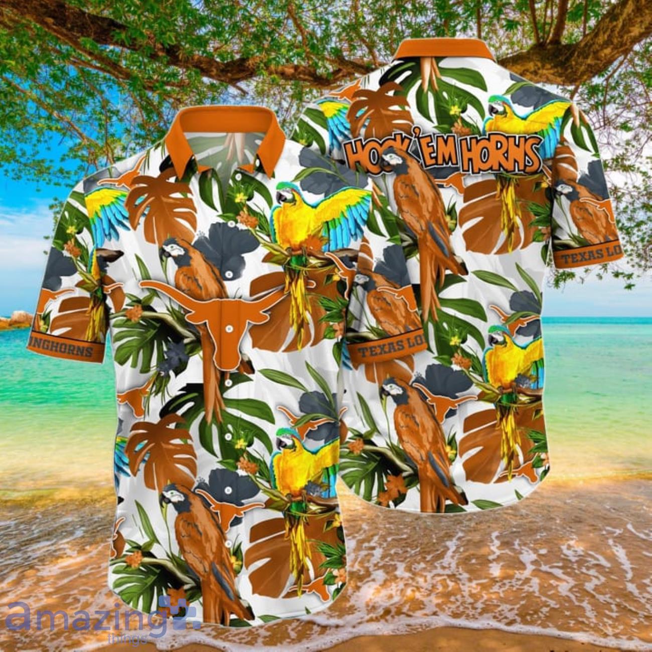 Texas Longhorns NCAA2 Parrot and leaves 3D Hawaiian Shirt For Men And Women image Texas Longhorns NCAA2 Parrot and leaves 3D Hawaiian Shirt For Men And Women Product Photo 1