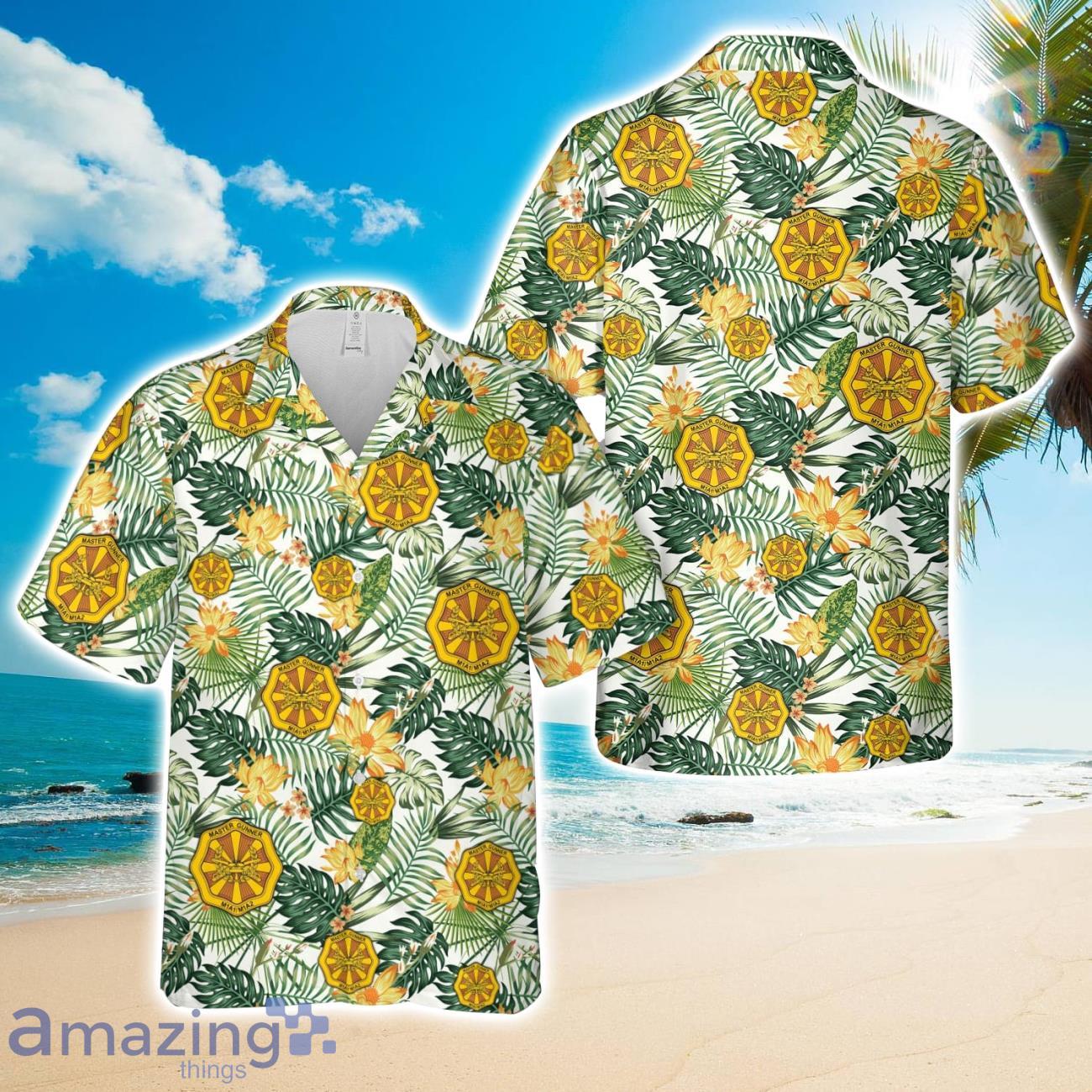 US Army Master Gunner Badge Hawaiian Shirt US Army Summer Gift image US Army Master Gunner Badge Hawaiian Shirt US Army Summer Gift Product Photo 1