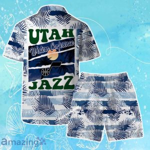 Utah Jazz Team Logo Pattern Leaves Tropical Hawaiian Shirt & Short Product Photo 2
