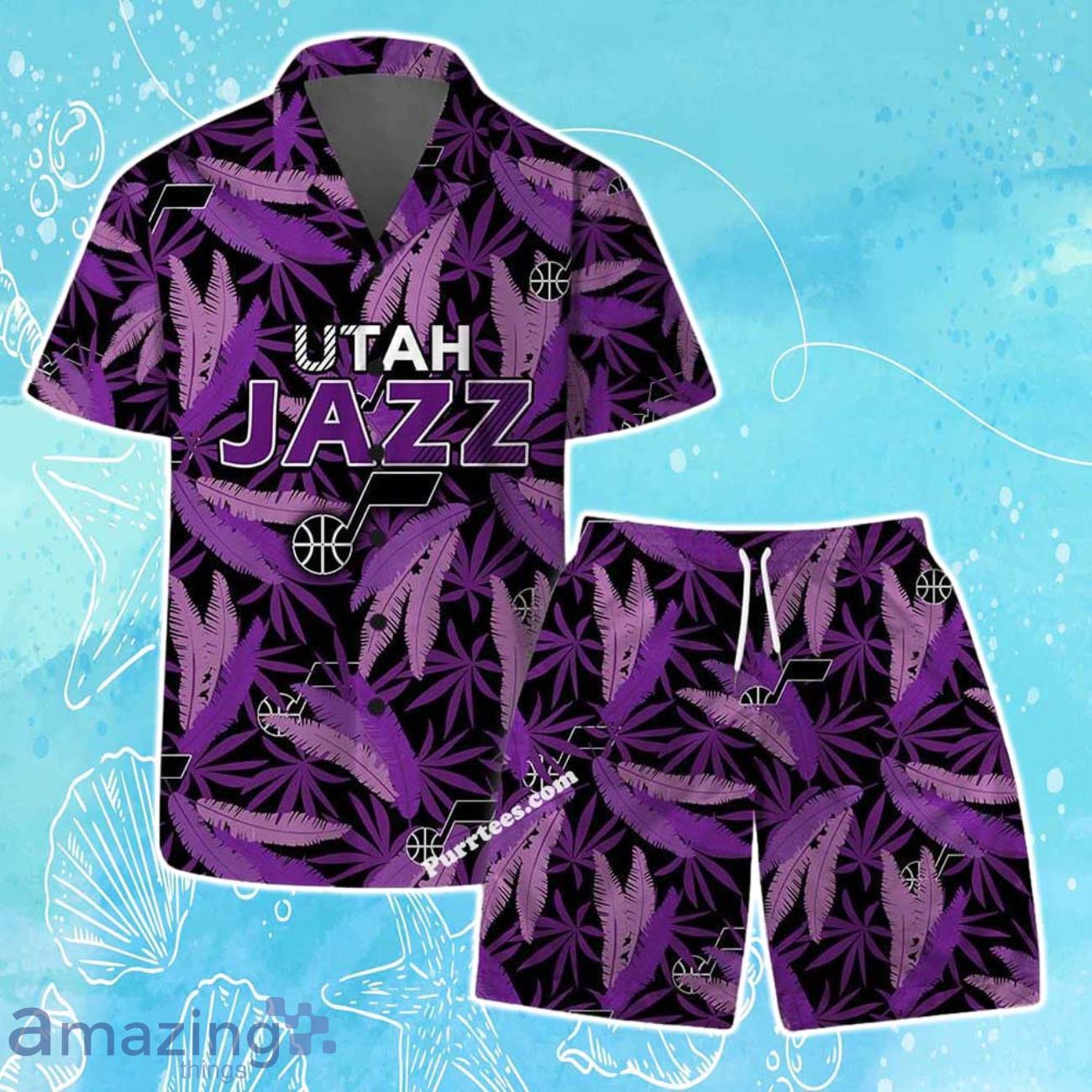 Utah Jazz Team Logo Pattern Leaves Vintage Art Hawaiian Shirt & Short image Utah Jazz Team Logo Pattern Leaves Vintage Art Hawaiian Shirt & Short Product Photo 1
