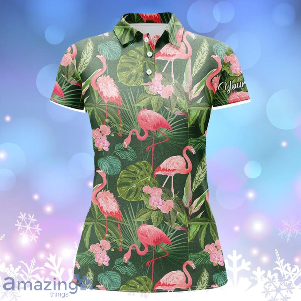 Women Golf Polo Shirts Flamingo Green Tropical Palm Leaves Pattern Custom Name Team Golf Polo Shirts Product Photo 1