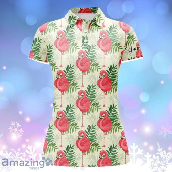 Women Golf Polo Shirts Pink Flamingo Green Tropical Leaf Pattern Custom Name Team Golf Polo Shirts Product Photo 1