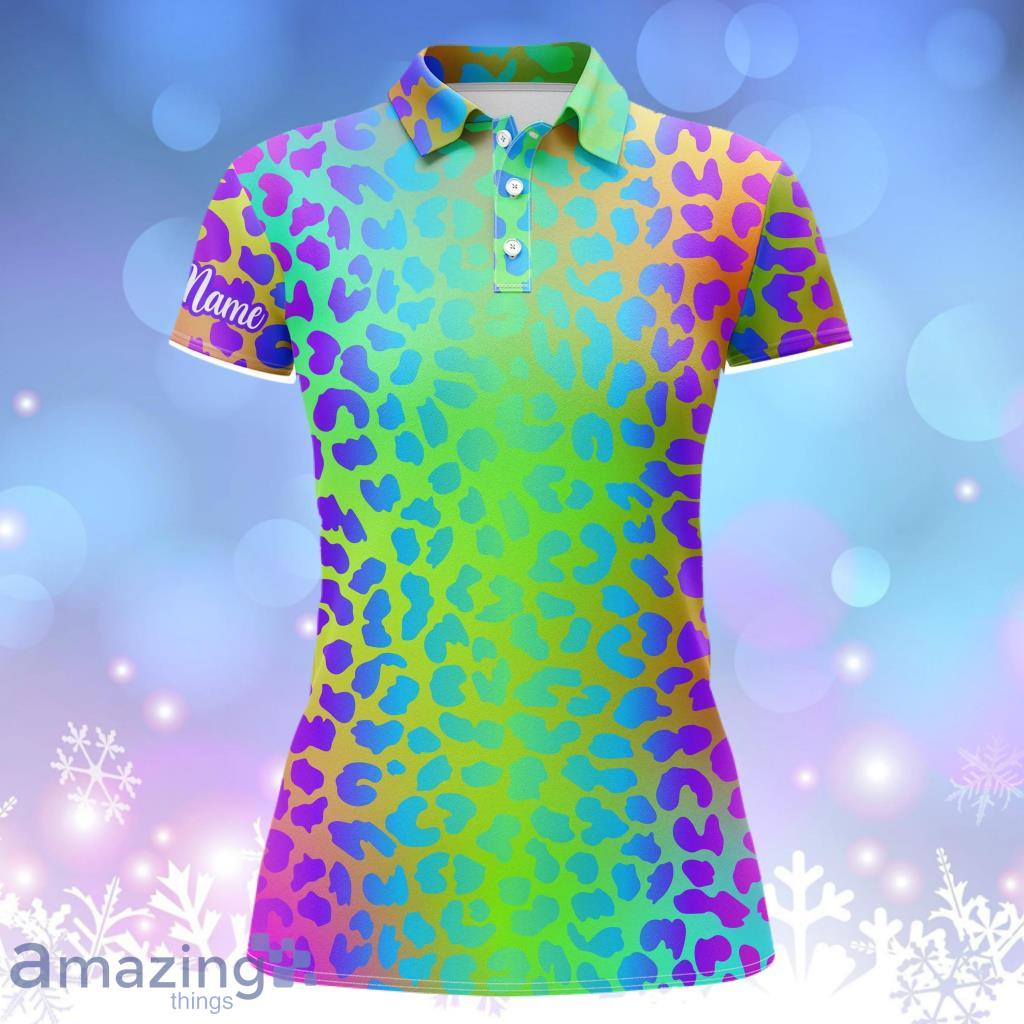 Womens Golf Polo Shirteon Rainbow Leopard Print Custom Name Ladies Pattern Polo Shirt Product Photo 1