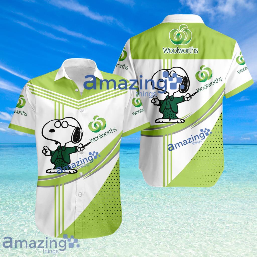 Woolworths Logo Snoopy Pattern Tropical Button Down Hawaiian Shirt image Woolworths Logo Snoopy Pattern Tropical Button Down Hawaiian Shirt Product Photo 1