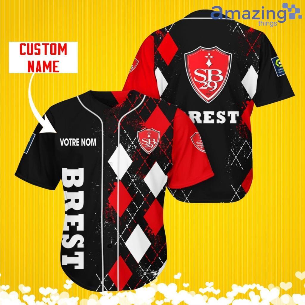 Stade Brestois 29 Sports Logo Jersey Baseball Shirt Custom Name With Diamond Brush Pattern For Men And Women image Stade Brestois 29 Sports Logo Jersey Baseball Shirt Custom Name With Diamond Brush Pattern For Men And Women Product Photo 1