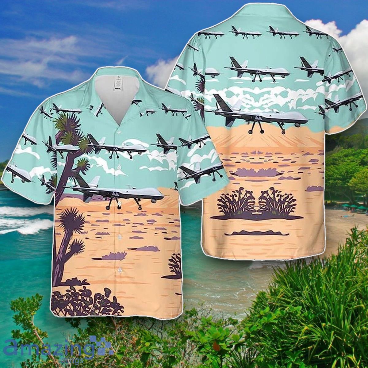 Aircraft Reaper Blue Mint And Brown Hawaiian Shirt Unique Gift image Aircraft Reaper Blue Mint And Brown Hawaiian Shirt Unique Gift Product Photo 1