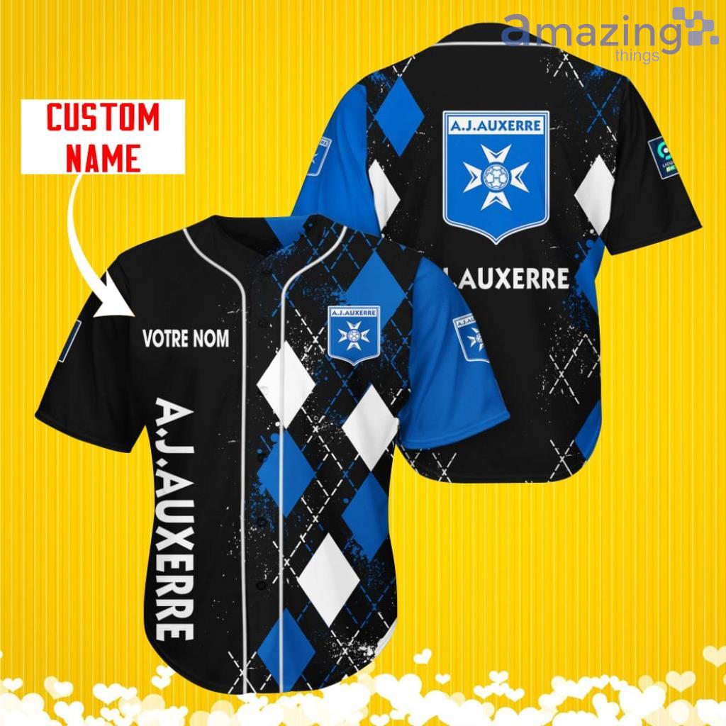 AJ Auxerre Sports Logo Jersey Baseball Shirt Custom Name With Diamond Brush Pattern For Men And Women image AJ Auxerre Sports Logo Jersey Baseball Shirt Custom Name With Diamond Brush Pattern For Men And Women Product Photo 1