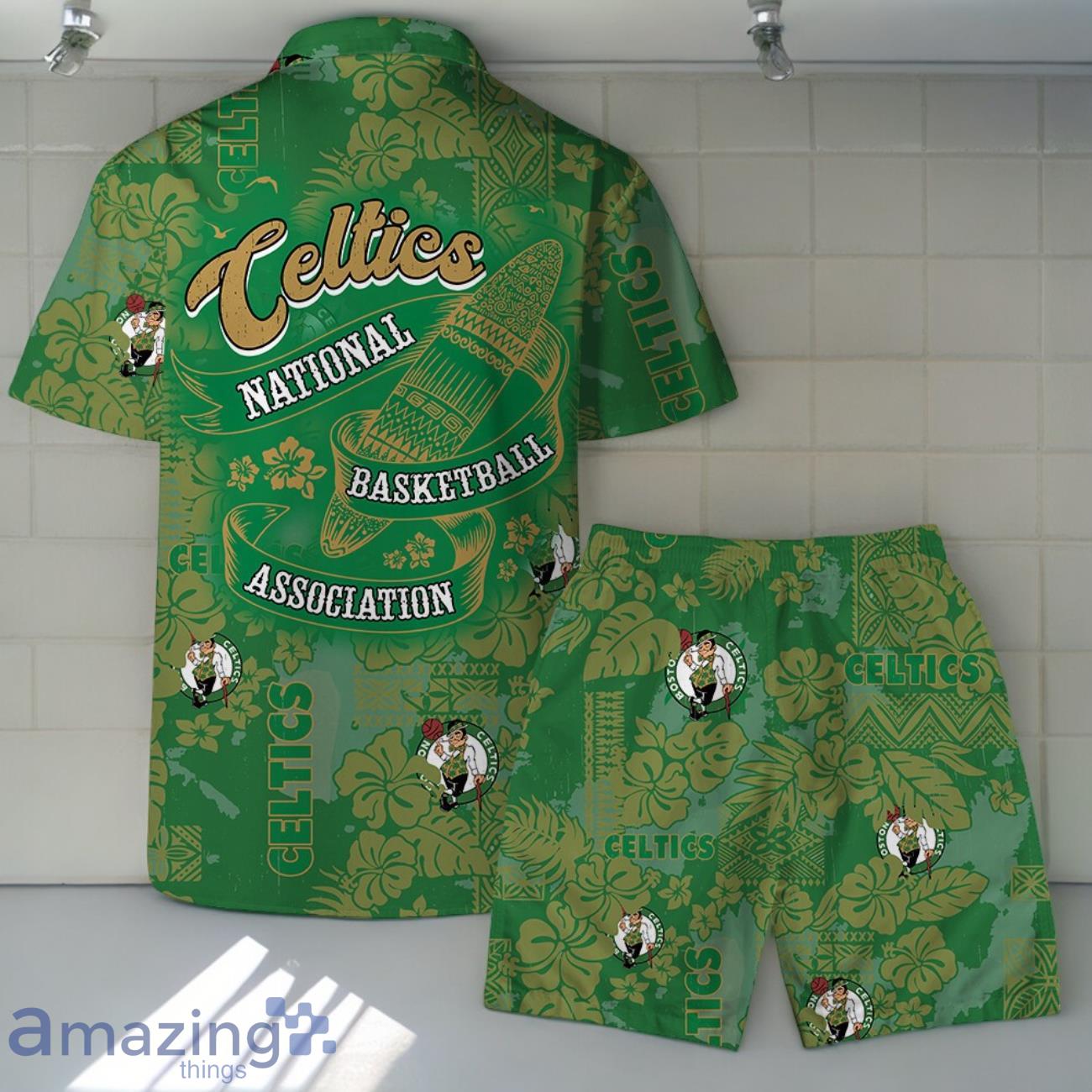 Boston Celtics Team Logo Pattern Retro Magic Hawaiian Shirt And Short image Boston Celtics Team Logo Pattern Retro Magic Hawaiian Shirt And Short Product Photo 2