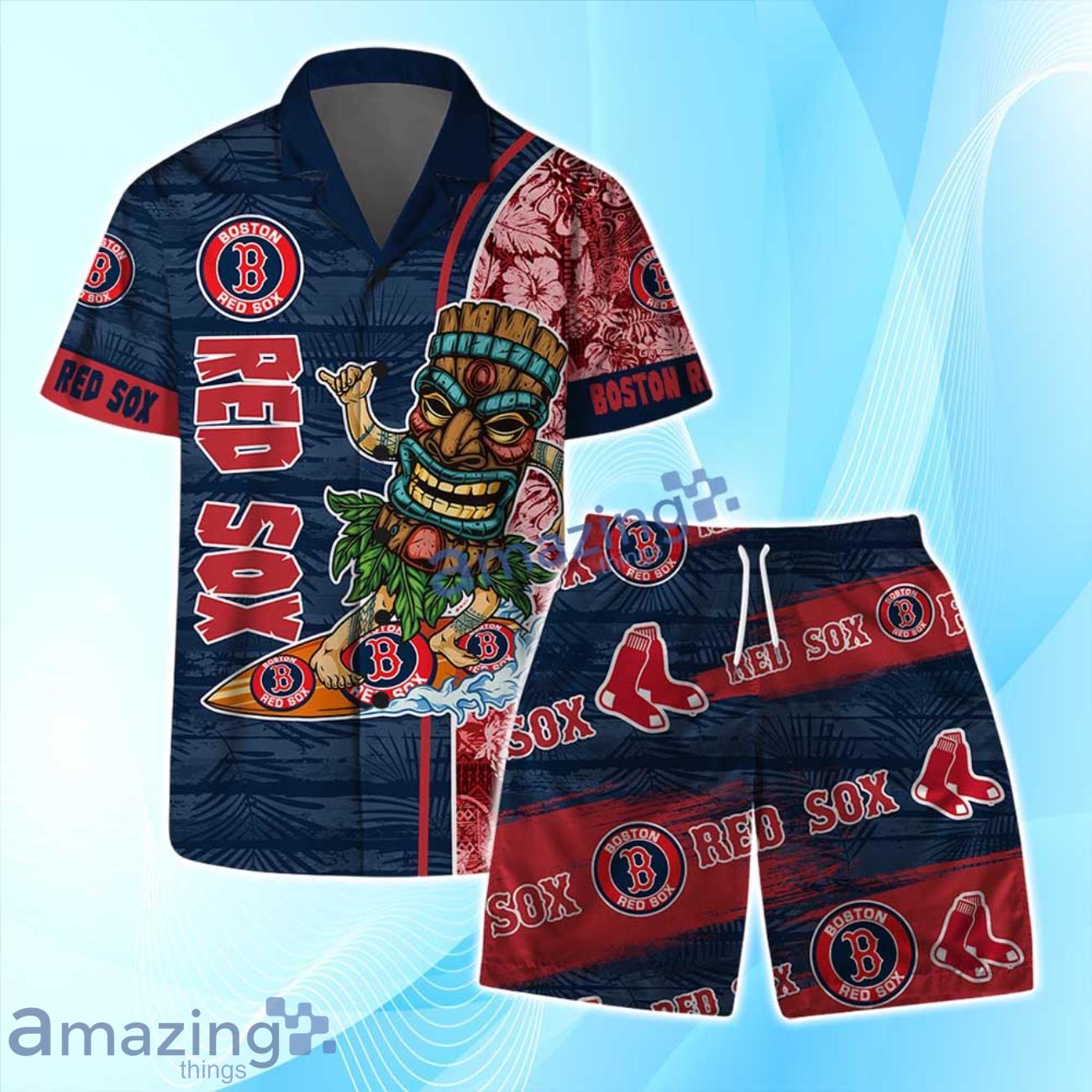 Boston Red Sox Logo Tiki Surf Vintage Art Hawaiian Shirt & Short Summer Beach image Boston Red Sox Logo Tiki Surf Vintage Art Hawaiian Shirt & Short Summer Beach Product Photo 1