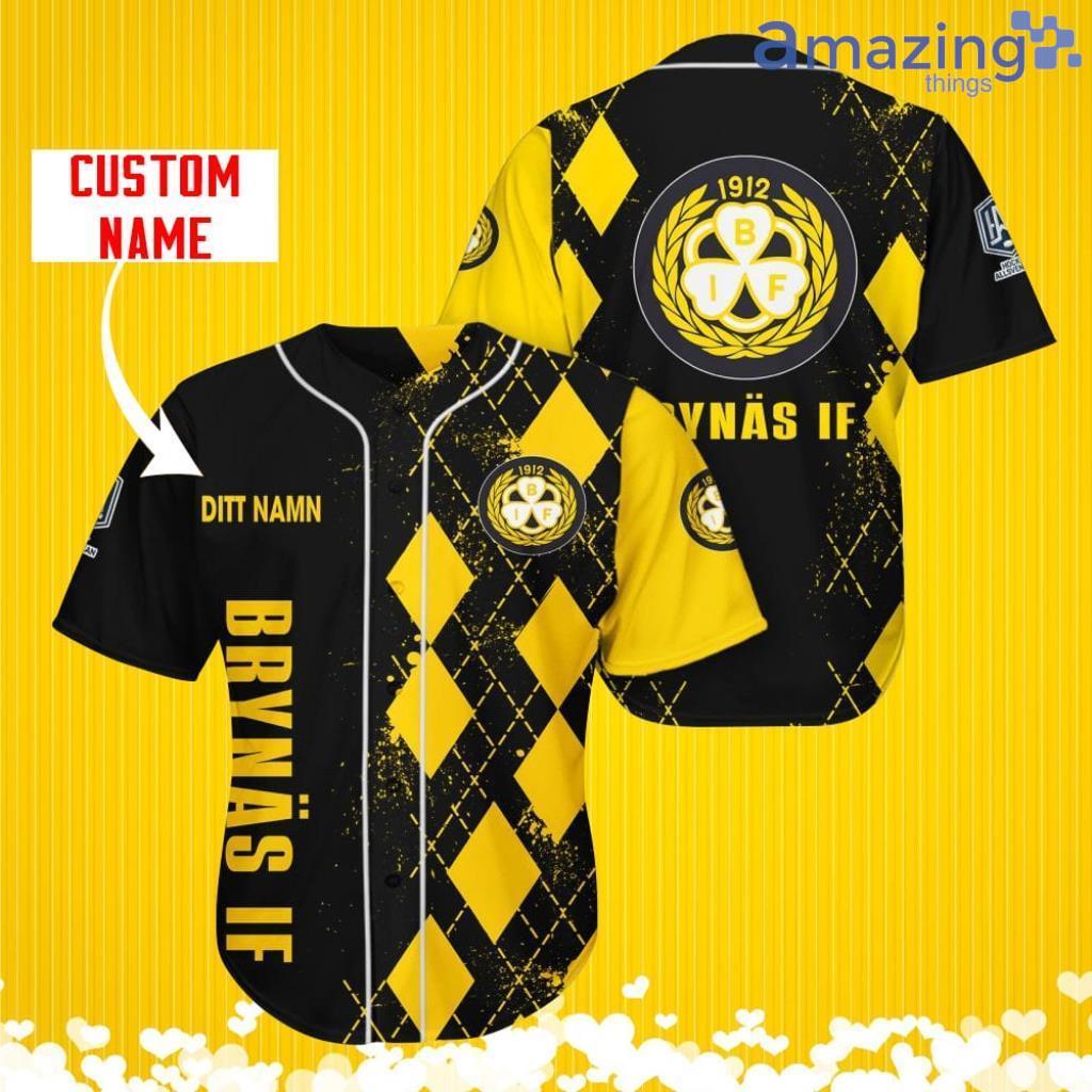 Brynas IF Sports Logo Jersey Baseball Shirt Custom Name With Diamond Brush Pattern For Men And Women image Brynas IF Sports Logo Jersey Baseball Shirt Custom Name With Diamond Brush Pattern For Men And Women Product Photo 1