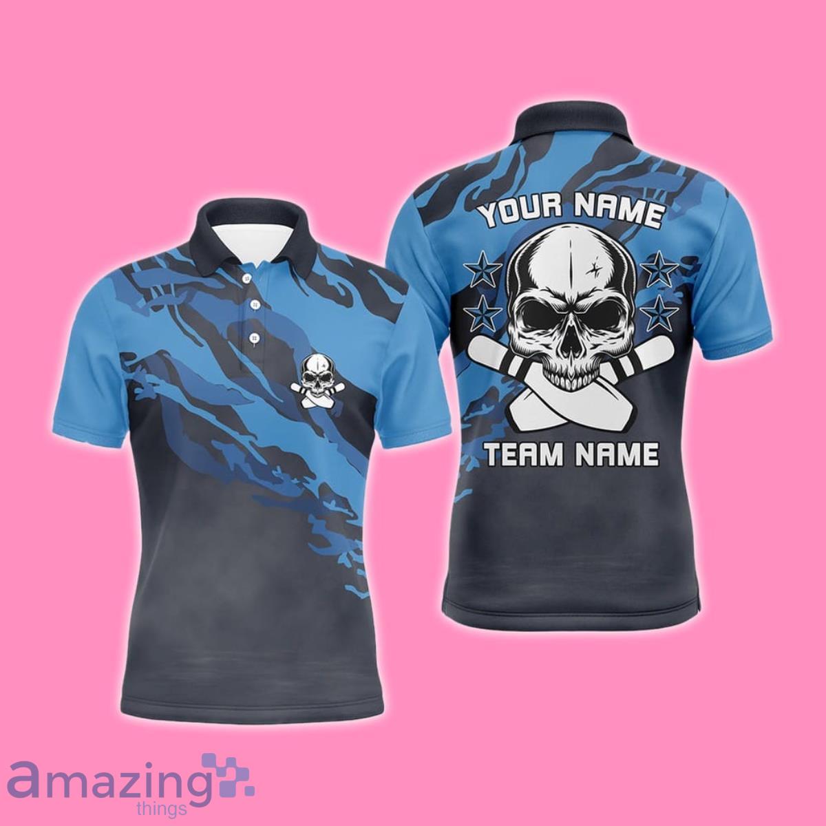 Custom Name Blue Camo Skull Bowling Polo Shirt Style Gift Custom Teams Name Men image Custom Name Blue Camo Skull Bowling Polo Shirt Style Gift Custom Teams Name Men Product Photo 1