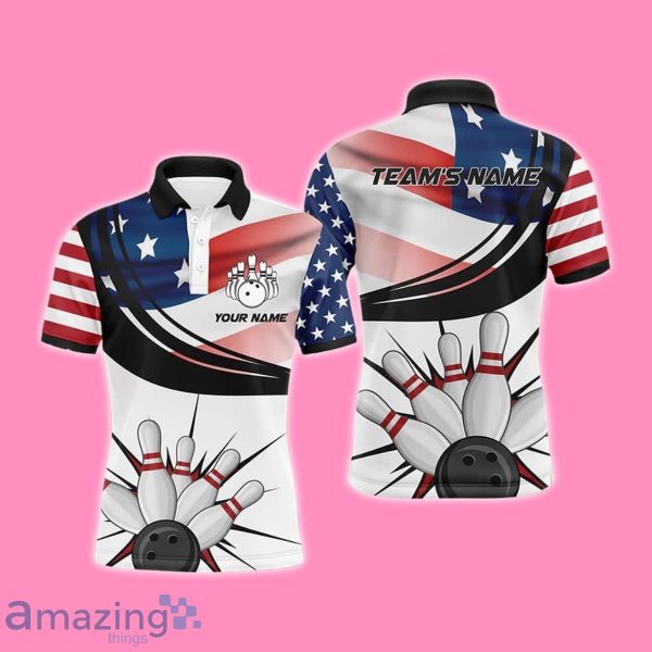 Custom Name Men American Flag Bowling Short Sleeve Men Polo Shirt Product Photo 1