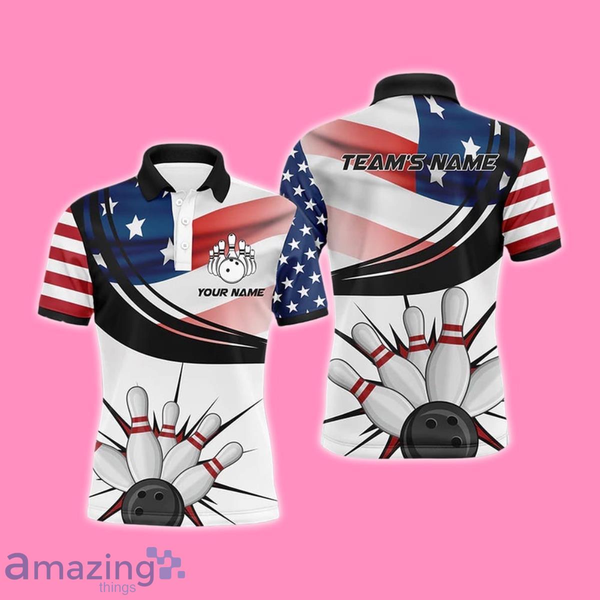 Custom Name Men American Flag Bowling Short Sleeve Men Polo Shirt image Custom Name Men American Flag Bowling Short Sleeve Men Polo Shirt Product Photo 1